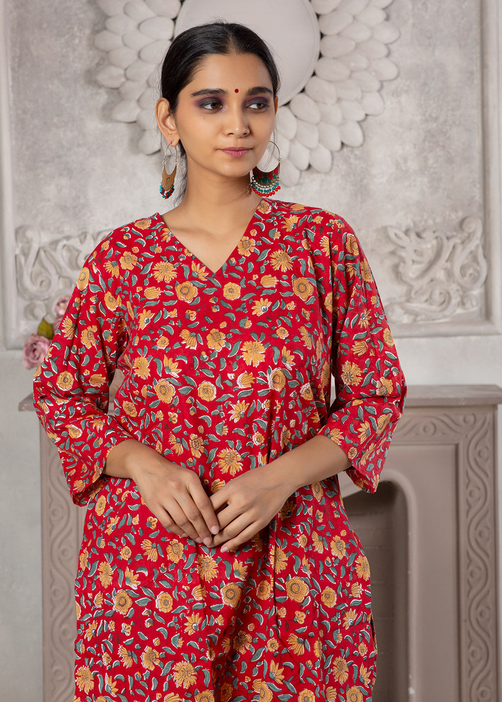 Rose Hand Block Cotton Kaftan and Pant Set