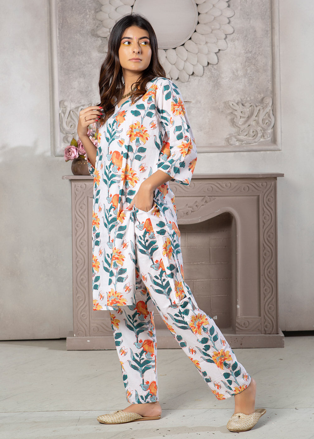 Oranges Hand Block Cotton Kaftan and Pant Set