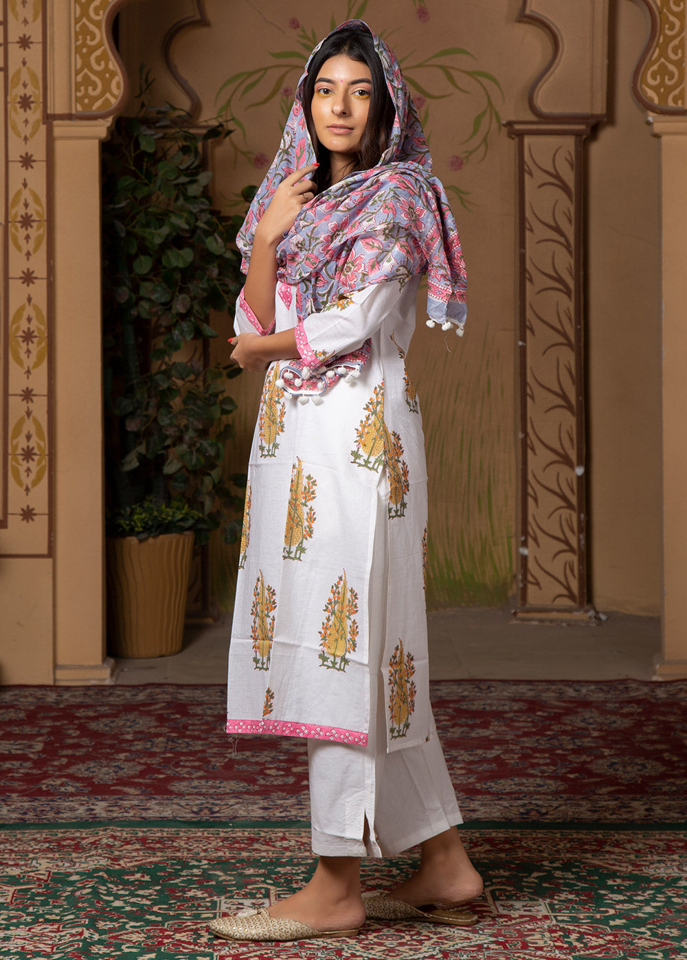 White Flower Hand Block Cotton Kurti