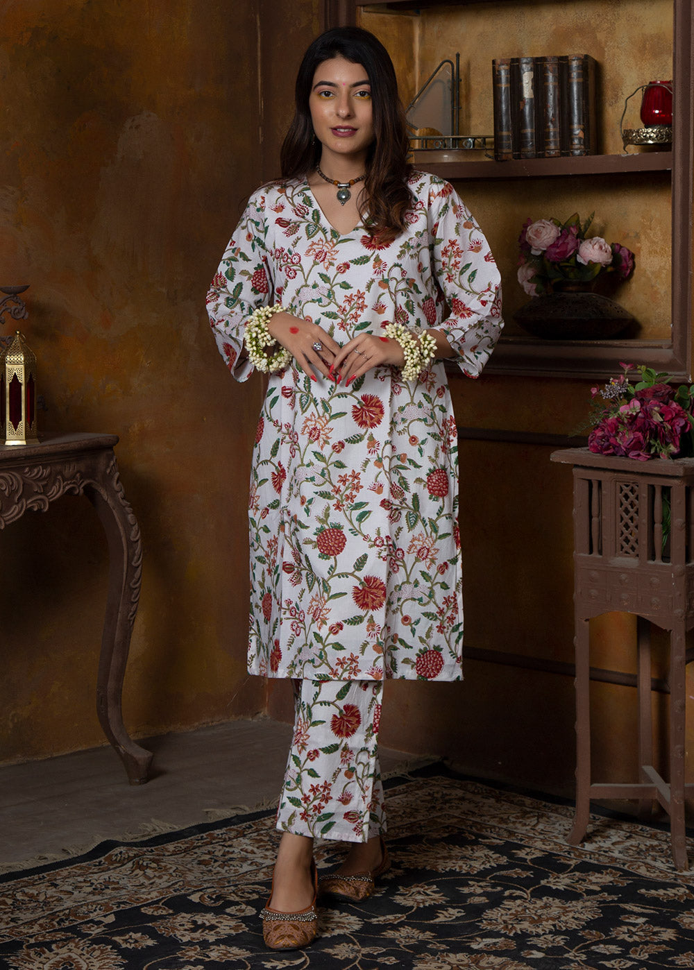 Cherry Hand Block Cotton Kaftan and Pant Set